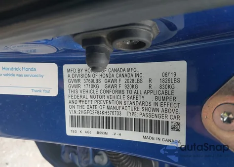 2019 Honda Civic Sport z USA, uszkodzony, nr VIN 2HGFC2F84KH576703